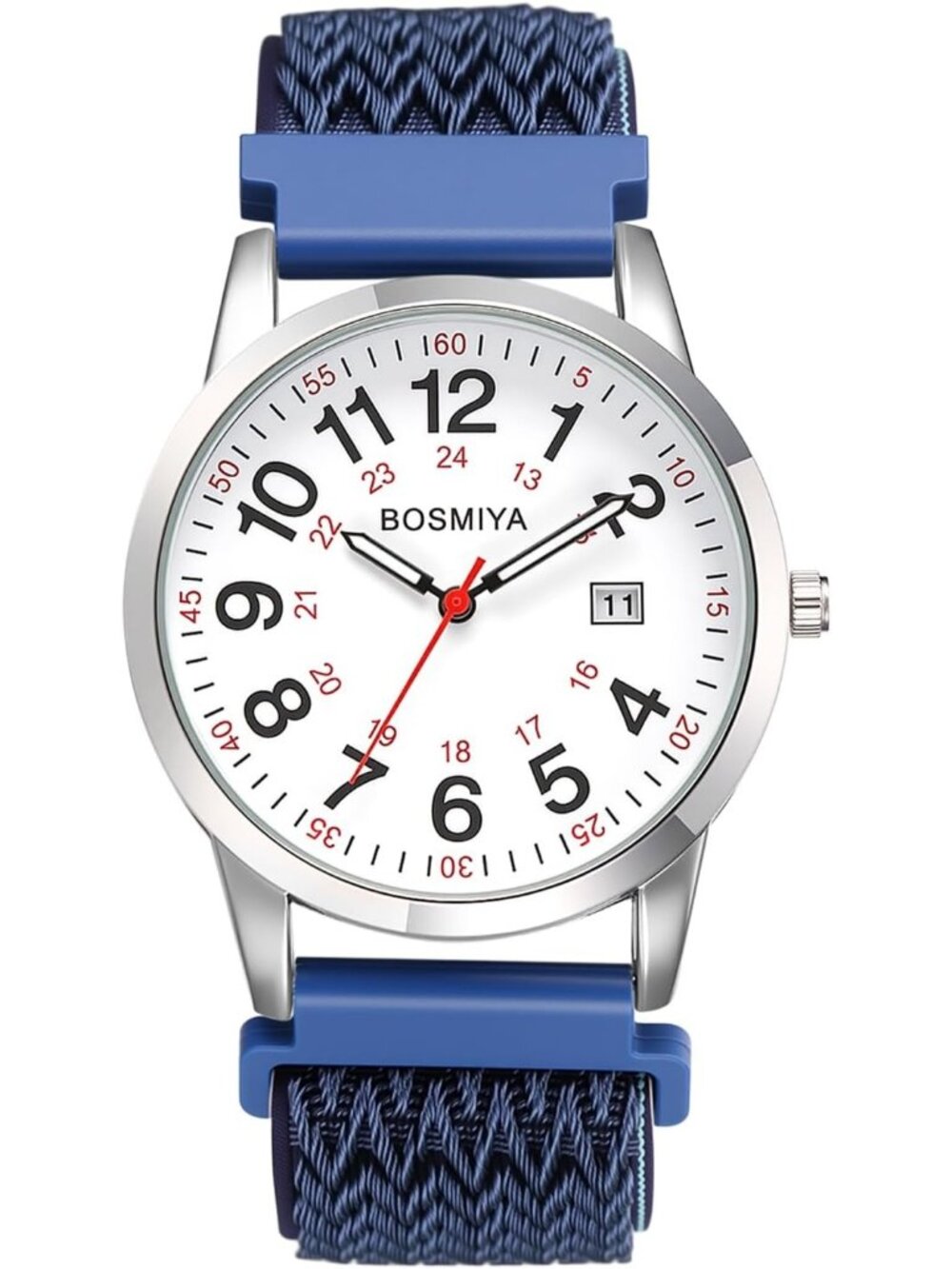 Women's Blue Elastic Woven Nylon Adjustable Strap Easy Reader Analog Wrist Watch